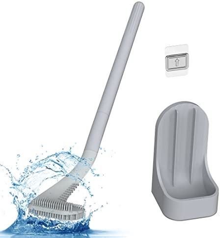 Toilet Brush, Long Handle Golf Toilet Brush with Holder 360° Deep Cleaning Flexible Silicone Toilet Cleaner Brush Wall Mounted for Bathroom (Grey)