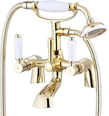 ENKI, Downton, BT0608 Bath Shower Mixer Tap with White Ceramic Levers English Gold
