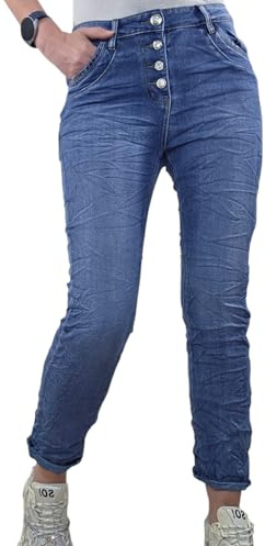 Karostar Jean stretch pour femme | Pantalon Boyfriend Denim décontracté | Avec boutonnière visible, Bleu denim classique, XXL