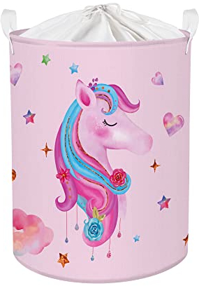 Clastyle Rosa Einhorn Kinder Wäschekorb mit Henkel Faltbar Kleidung Spielzeug Aufbewahrungskorb Mädchen Aufbewahrungsbox für Babyzimmer Bad, Herz, 36 * 45 cm