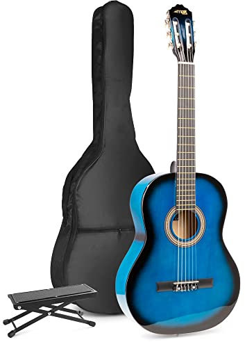 MAX SoloArt Konzertgitarre 4/4, Akustik Gitarre für Anfänger mit Tasche, Fußstütze, Stimmgerät, Plektrum, Gurt und Zubehör, Acoustic Guitar, Akustikgitarre in Blau