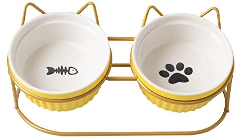 Koomiao Gamelles Surélevées pour Chat Bol Double pour Chat Déjeuner Céramique(2x400ml), Inclinable à 15° Gamelle Animaux pour Nourriture/Eau (Jaune - Or)
