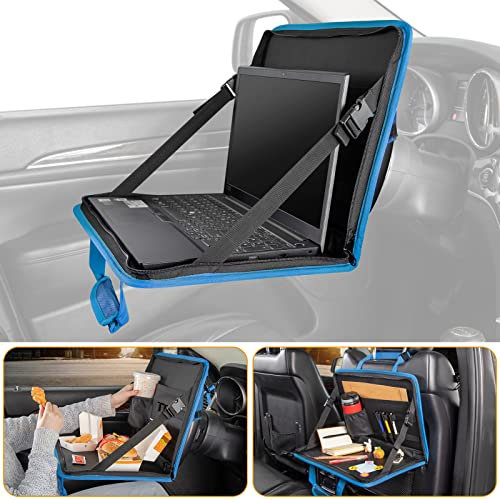 JOYTUTUS 3 in 1 Steering Wheel Eating Tray, Car Back Seat Laptop Desk, Multifunctional Car Office Bag, Car Work Table for Writing, Car Organizer for Kids, Commuters, Family (Blue)