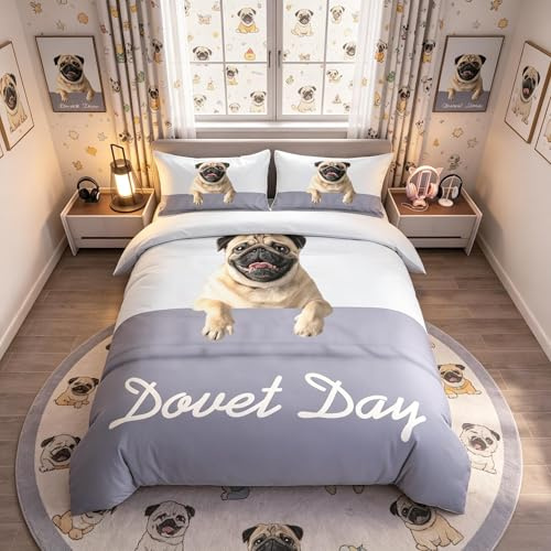 Loussiesd Cute Pug Dog Duvet Cover Hippie Pug Puppy Bedding Set Kawaii Animal Comforter Cover for Boys Girls Cartoon Pet Dog Bedspread Cover King Size