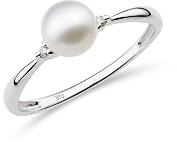MIORE Schmuck Damen 0.02 Ct Diamant Verlobungsring mit weiße Süßwasserperle 5.5 mm und 2 Diamanten/Brillanten Ring aus Weißgold 9 Karat / 375 Gold