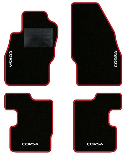 QUEMAR Tappetini Auto compatibili con Opel Corsa D - E 2006-2019/ Kit Tappeti in Moquette e Gomma su Misura (Set 2 Anteriori + 2 Posteriori)/ Ricami e Colori Personalizzati (4 Ricami, Bordo Rosso)