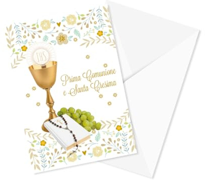 LINA OFFICINE GRAFICHE CREATIVE Första nattvarden och heliga konfirmationskort, blommig design med gyllene bägare, 14,8 x 10,5 cm, inkluderar kuvert