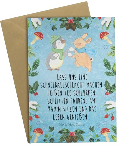 Mr. & Mrs. Panda Grußkarte Pinguin Hase Schneeballschlacht - Geschenk, Glückwunschkarte, Hochzeitskarte, Einladungskarte, Geburtstagskarte, Winter,