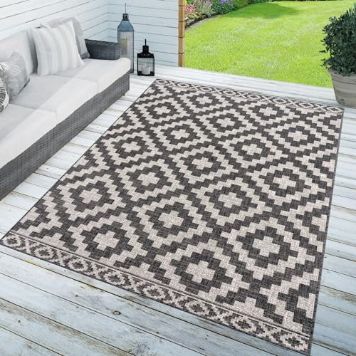 TT Home In-& Outdoorteppich Wetterfest Terrasse Geometrisches Rauten Boho Skandi Design, Farbe: Grau Anthrazit, Größe:240x340 cm