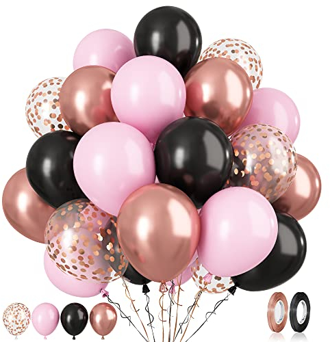 Paready Black Pink Latex Balloons, 60 Pcs 12 Inch Metallic Rose Gold and Confetti Balloons for Girls Birthday Baby Shower Engagement Anniversary Wedding Bridal Shower Party Graduation Decoration