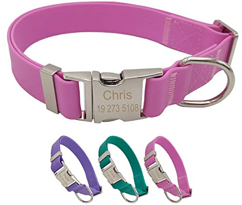 TONYFY Collier de Chien personnalisé en Silicone PVC imperméable, gravé avec Le nom et Le numéro de téléphone, Taille Ajustable, pour Chiens de Petite Taille Moyenne et Grande Taille (Rose, M)