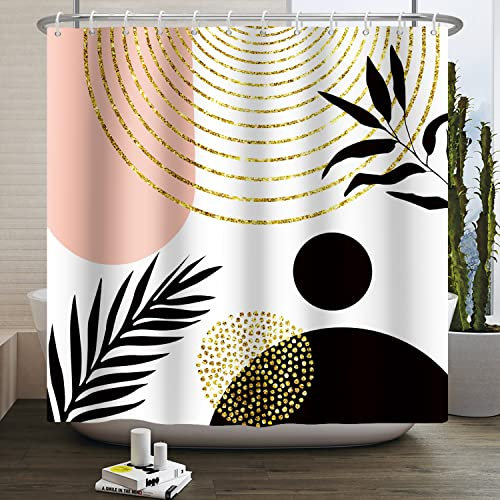 Ttincceer 180x180cm Rideau de Douche du Milieu du Siècle - Soleil Noir Or Arc-en-Ciel Étincelant, Abstrait Plante Tropicale Feuille de Palmier pour Bain et Baignoire