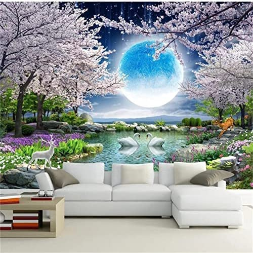 COJIC 3D Selbstklebende Wandtapete Nachtvollmond-Kirschbaum Wandkunst Kinderzimmer Restaurant Bar Shop Wohnzimmer Schlafzimmer Wand Poster Dekoration Tapete Wandbild s 350 (Breite) x 256 (Höhe) cm