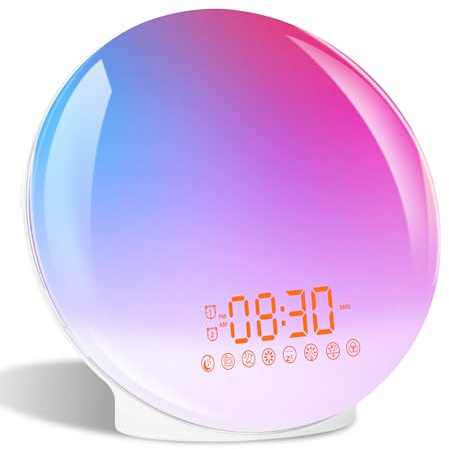 Despertador Luz, Wake Up Light Simulación De Amanecer/Atardecer, Despertador Luz Amanecer 11 Luces De Colores 20 Niveles De Brillo, 7 Sonidos Naturales+Radio FM, 2 Alarmas y Función Snooze (Color)