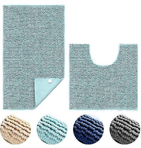 Hodeacc Rutschfestes Badematten-Set, Hohe Wasseraufnahme, Weiche Mikrofaser, WC-Vorleger, Maschinenwaschbar, Badezimmermatten, Teppich, 50 x 50 cm/50 x 80 cm (Hellblau)