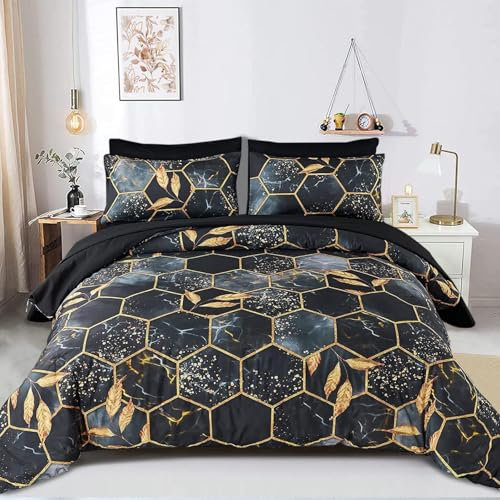 Freyamy 3D Marmor Bettwäsche 155x220cm 2teilig Schwarz Gold Geometrische Marmormuster Luxus Bettwäsche 100% Mikrofaser Bettwaren-Sets Weiche Bettbezug mit Reißverschluss und Kissenbezug 80x80cm