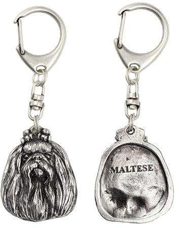 Art-Dog Niedlicher Hundeschlüsselanhänger - Exklusive Kollektion Maltese - Malteser Schlüsselanhänger Hund - Versilberte Keyring mit 2,5 cm Schloss - 4x4,7x11cm
