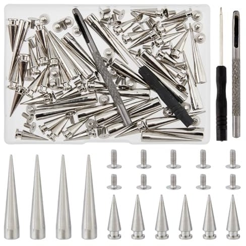 SUPERFINDINGS 50 Sets Long Punk Spikes and Studs for Clothes Large Leather Rivets Screwback Studs with Screwdriver and Hole Craft Silver Cone Spikes for Cosplay Clothing Shoes Belts Bags Dog Collars