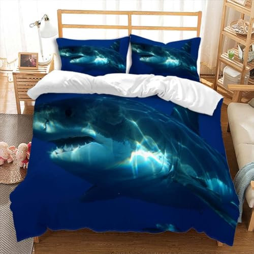 HATEGE 3D Haie Bettwäsche 150x200 Blaues Meer 3 Teilig Weiche Mikrofaser Bettwäsche Haie Bettbezug Set und 2 Kissenbezug 80x80 cm mit Reißverschluss D2312