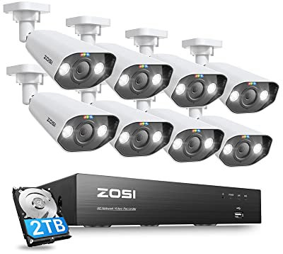 ZOSI 4K PoE CCTV Security Camera System, 8CH 8MP H.265+ NVR with 2TB Hard Drive, 8 x 8MP Outdoor PoE IP Cameras, AI Human Detection, Color Night Vision, 2-Way Audio, Smart Light Siren