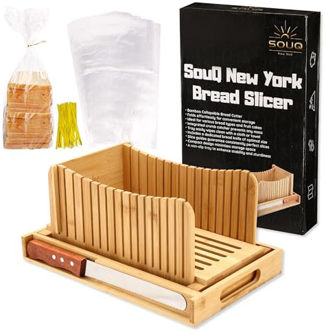 SouQ New York Bread Slicer for Homemade Bread | Non-Slippery Bread Cutter with Knife, Compact Bread Slicing Guide and Crumb Tray | Three Slice Thickness Foldable Bread Loaf Slicer