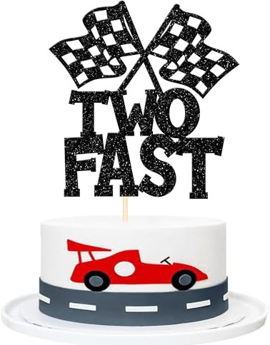 Xsstarmi 1 Pack Two Fast Cake Topper Black Glitter Chequered Flag Wheel Racing Car Cake Pick Happy 2nd Birthday Cake Decorations for Let's Go Racing Them Kids Second Birthday Party Supplies