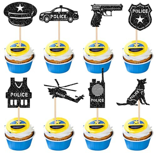 Xsstarmi 24 Pack Police Officer Cupcake Toppers Police Car Dog Cupcake Picks Helicopter Police Badge Gun Cupcake Decorations for Police Officer Theme Baby Shower Birthday Party Cake Decorations