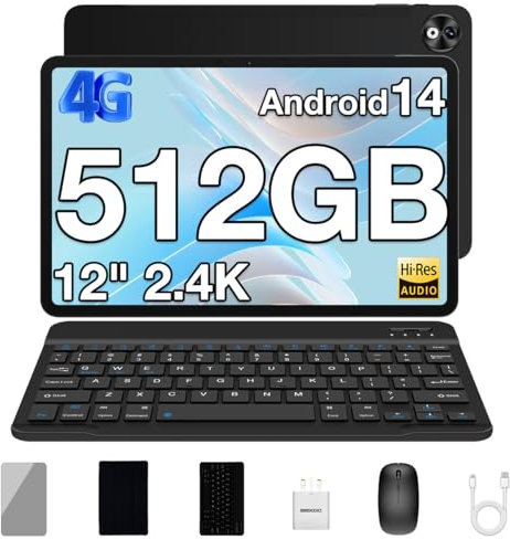 DOOGEE T40PRO, 12 inch Tablet 4G with SIM Card Slots, 2.4K Display, 20GB+512GB, 6nm Octa-Core, 10800mAh, 7.6mm Ultra-thin, Hi-Res Speaker, Android 14 Tablet with Keyboard/Mouse/Case/Pen, Black