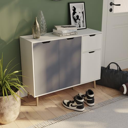 Vida Designs Sideboard Storage Cupboard Cabinet with 1 Drawer for Living, Bedroom, and Dining Room (Grey & White, 3 Door 1 Drawer)