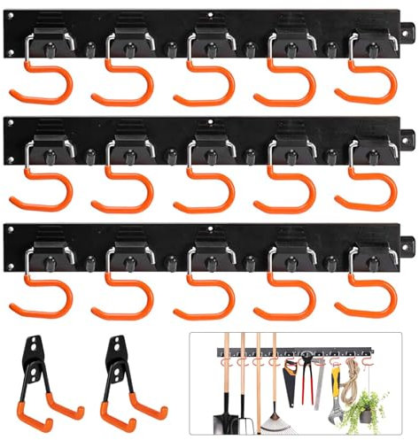 Caossuixin Gartengerätehalter, 3 x 40cm Gerätehalter, 15 x Garagenhaken, 2 x Schwerlast Haken, Wandhalterung Werkzeughalter mit Anti-Rutsch, Wandhaken Garage für Garten, Keller, Geräteschuppen