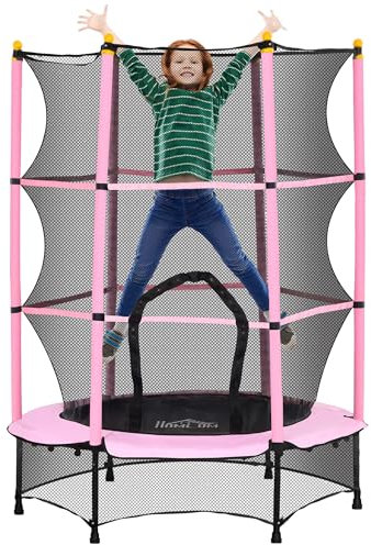 HOMCOM Trampolin Outdoor Ø140 cm, Kindertrampolin Gartentrampolin mit Sicherheitsnetz, Randabdeckung für Kinder 3-10 Jahre bis 50 kg belastbar Rosa