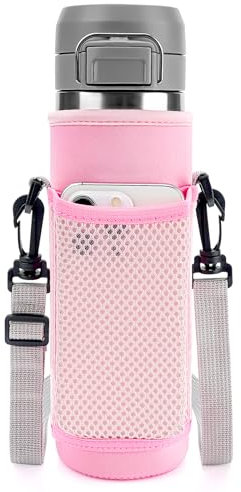 Linkidea Water Bottle Carrier with Strap Compatible with Stanley Quick Flip GO 24/36oz, IceFlow Fast Flow 24/36oz, Waterbottle Sling Bag Holder, Shoulder Strap with Phone Mesh Pocket, Pink