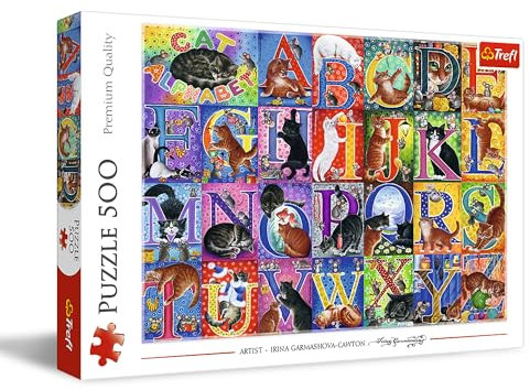 Trefl - Katzenalphabet - Puzzle 500 Elemente - DIY-Puzzle mit Tieren, Gemalte Collage, Spaß, Klassisches Puzzle für Erwachsene und Kinder ab 10 Jahren