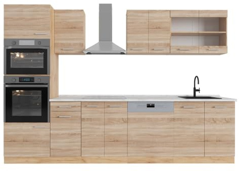 Vicco Küchenzeile R-Line, Sonoma/Goldkraft Eiche, 300 cm | 8 Module · Höhenverstellbare Füße · Arbeitsplatte Marmor · Robuste Fronten · Mit Backofen-/Mikrowellenschrank