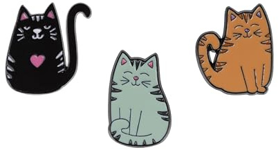 Sitting Cat Themed Gift Set Collection Of 3 Pin Badges Including A Happy Ginger Cat, Happy Black Cat And A Happy Tabbie Grey Cat