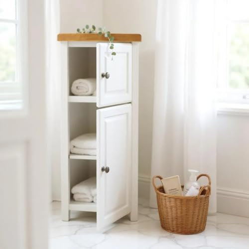 GROFurniture Slim Cabinet, Hallway Storage Unit, Corner Display Unit with Shelf, Freestanding Tall Bathroom Cabinet Storage Organiser, Ready Assembled (Slim White)