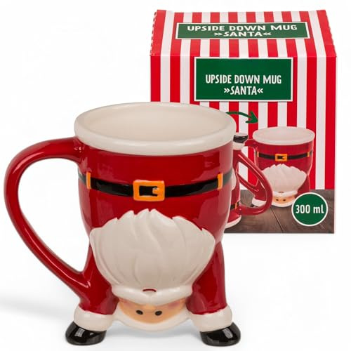MIJOMA Upside-Down-Mug Kopfüber-Tasse – Lustiger Kaffeebecher aus Keramik – Umgedrehter Henkelbecher für Kaffee & Tee – 300 ml (Weihnachtsmann)