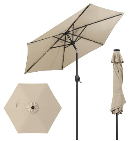 COSTWAY Sonnenschirm 230 cm mit LED-Solar-Beleuchtung, Gartenschirm mit Kurbel, beidseitig um 35° knickbar, Terrassenschirm mit 6 Rippen, Marktschirm für Garten, Balkon, Terrasse (Beige)