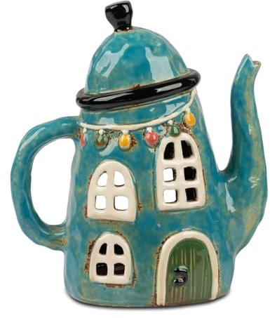 formano Windlicht Kanne 18x20 cm Steinzeug Handbemalt Teelicht Haus Deko Laterne - Dekoratives Windlichtt