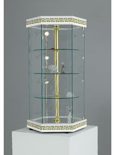 Vitrine aus Glas mit drehbaren Regalen, moderne Vitrine in Weiß und Gold