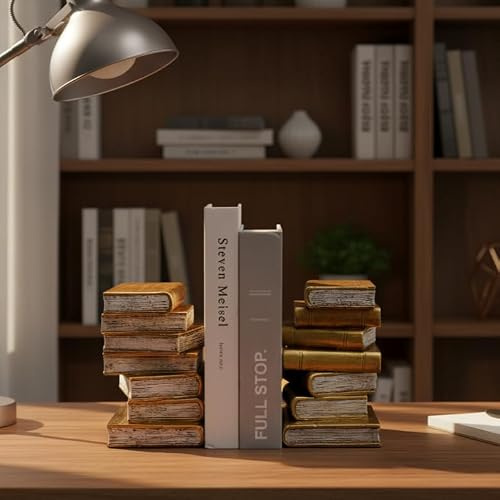 Decorative Resin Stacked Books Bookends (Set of 2) - Vintage Gold Finish Resin - Book Stoppers for Shelves & Desktops - Unique Home Office Library Decor