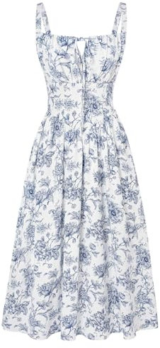 SCARLET DARKNESS Ladies Victorian Corset Smocked A-Line Dresses Tie Front Square Neck Sleeveless Sun Dresses 2025 Blue Line Floral S