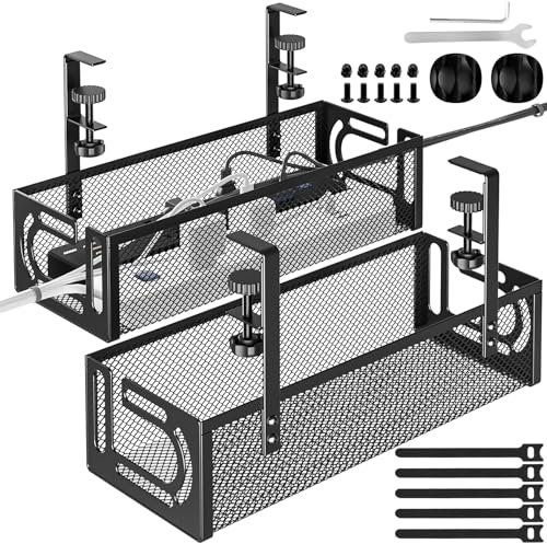 2PCS Under Desk Cable Management Tray, No Drilling Required, Metal Grid Cable Tray with Clip Seat Side Opening, Wire Management Tray, Home Office Internet Cafe Kitchen Wire Organizer Black