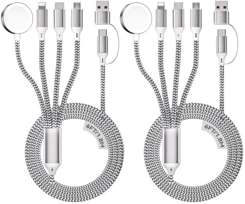 2Pack 4 en 2 Múltiple Rápido Cargador para A pple Watch, 1.8M/6FT Cable de Carga Nylon USB A/C a Puerto iOS/Tipo C/Micro USB/iWatch, Compatible para iWatch Ultra/SE/1-11/iPhone/AirPods/Galaxy/Huawei