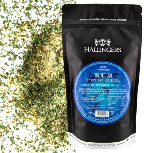 Hallingers Genuss Manufaktur Gewürz-Rub Geschenk - Gourmet-BBQ zum Marinieren im wertigen Aroma-Beutel Rub Petri Heil für Fisch, Gemüsepfanne & Avocado, Geschenkidee für Fischer