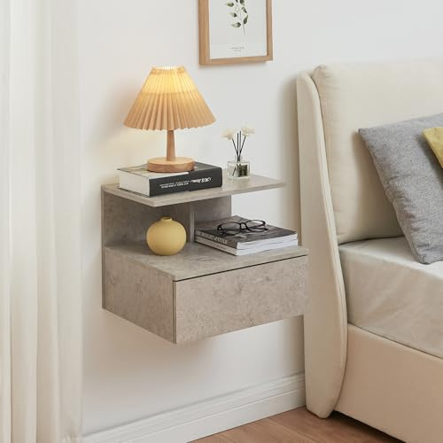 [en.casa] Nachttisch hängend Amberg Wandregal mit Schublade und 2 Ablageflächen 40 x 35 x 31 cm Nachtschrank Wandmontage Nachtkästchen Hängeregal Betonoptik, hell