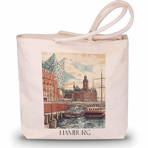 favplace Shopping Tasche mit Städtemotiv Hafencity Hamburg Tote Bag - Shopper bzw. Einkaufstasche für Fernweh oder Heimat - Reise Daybag - Jutebeutel