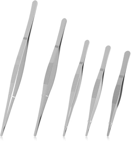 Lot de 5 pinces à épiler longues en acier inoxydable pour travaux manuels avec pointes droites dentelées de précision, pinces de cuisine antidérapantes pour travaux manuels, aquarium, terrarium (16