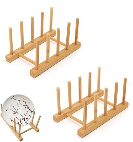 deegbbyi 2 Stück Holz Abtropfgestell 4 Slots Robustes Tellerhalter | Holz Geschirr Abtropfgestell, Tellerständer, Küchenschrank Organizer für Teller Topfdeckel Schneidebretter Tassen Und Bücher