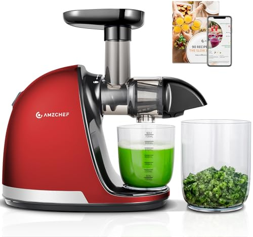 AMZCHEF Cold Press Juicer Machines, Slow Masticating Juicers for Whole Fruits and Vegetables, High Juice Yield, with 2 Cups and Recipe, Bright Red
